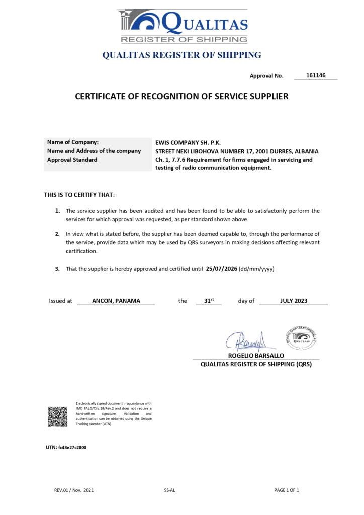 QRS Service Supplier Approval Certificate page 0001